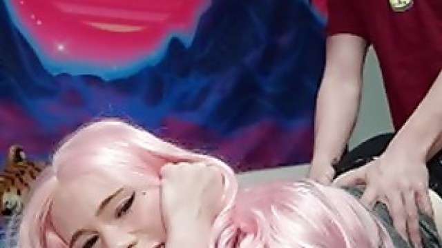 barking pink haired e girl gives sloppy blowjob then gets TWO creampies - Tira Part