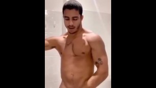 Tatted Muscle Stud Busting a Nut in the Shower