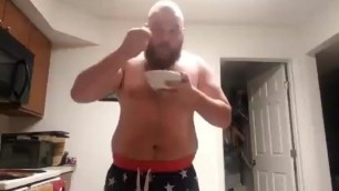 Fat Bearded Man Eats Bowl of off Brand Reeses Puffs Shirtless Uncensored